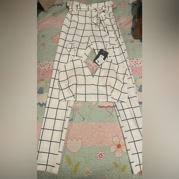 Fashion Nova Pants - Women's White and Black Grid Pattern top & pants